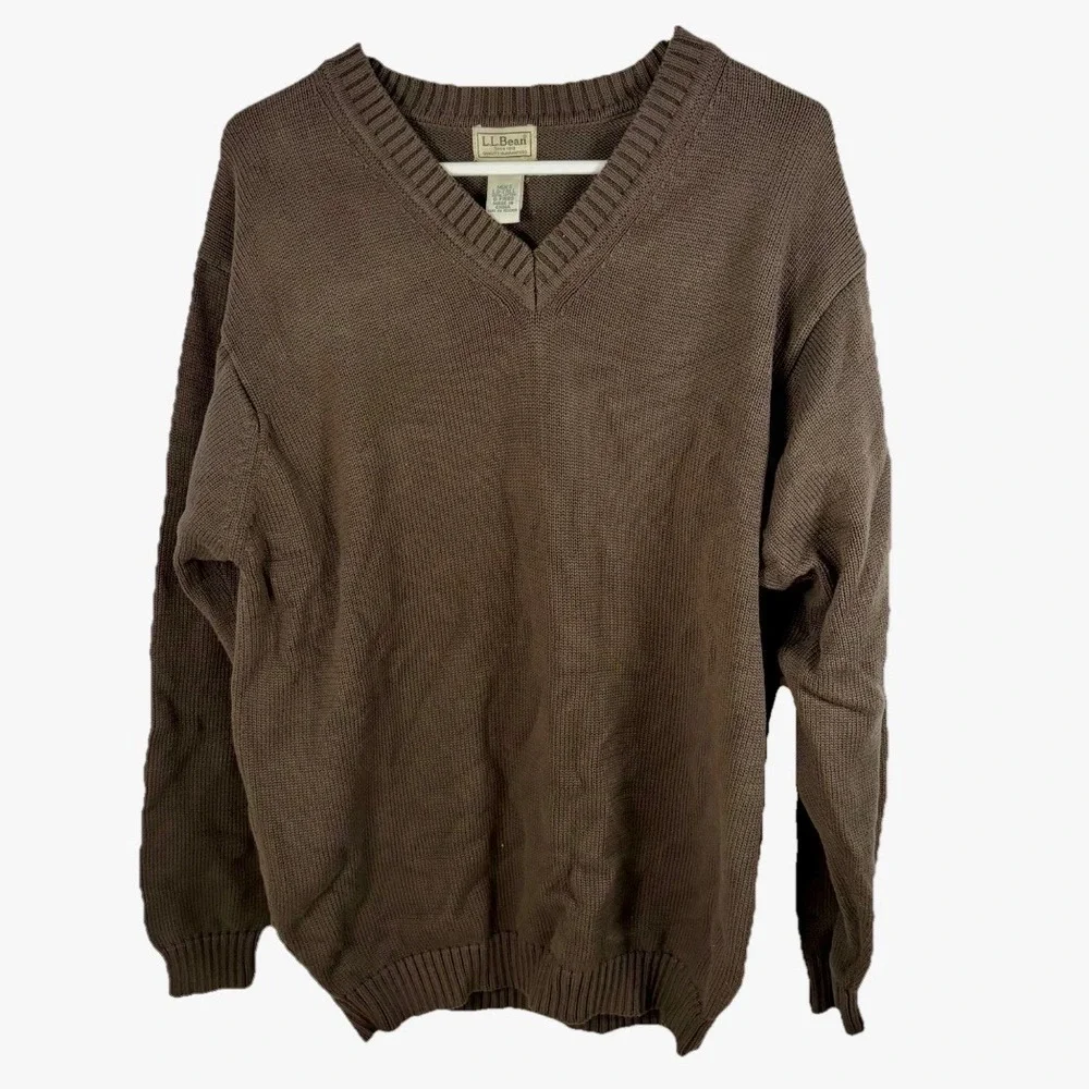 Vintage 90s LL Bean V-Neck Sweater Men L Tall Brown 100%‎ Cotton Knit Pullover